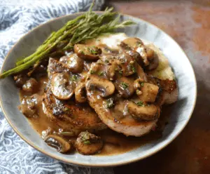 Delicious pork chops topped with savory mushroom gravy served on a dinner plate.