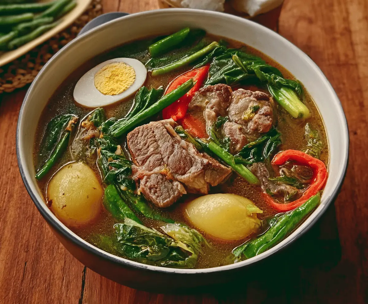 A delicious bowl of Pork Sinigang with tender pork, vegetables, and tangy tamarind broth, served with rice on a plate.