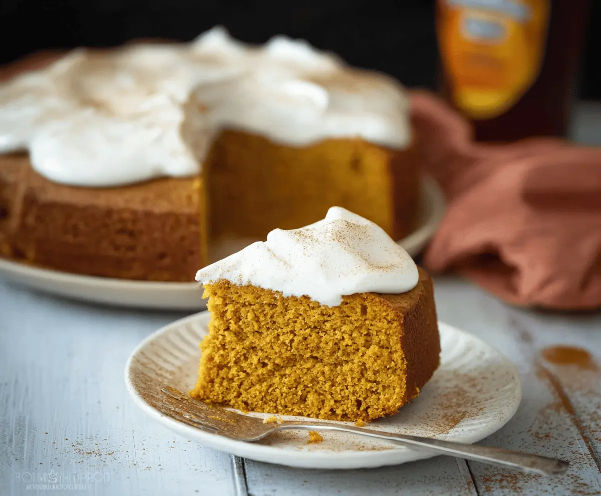 Delicious homemade pumpkin 3-ingredient cake topped with whipped cream and cinnamon, perfect for fall desserts.