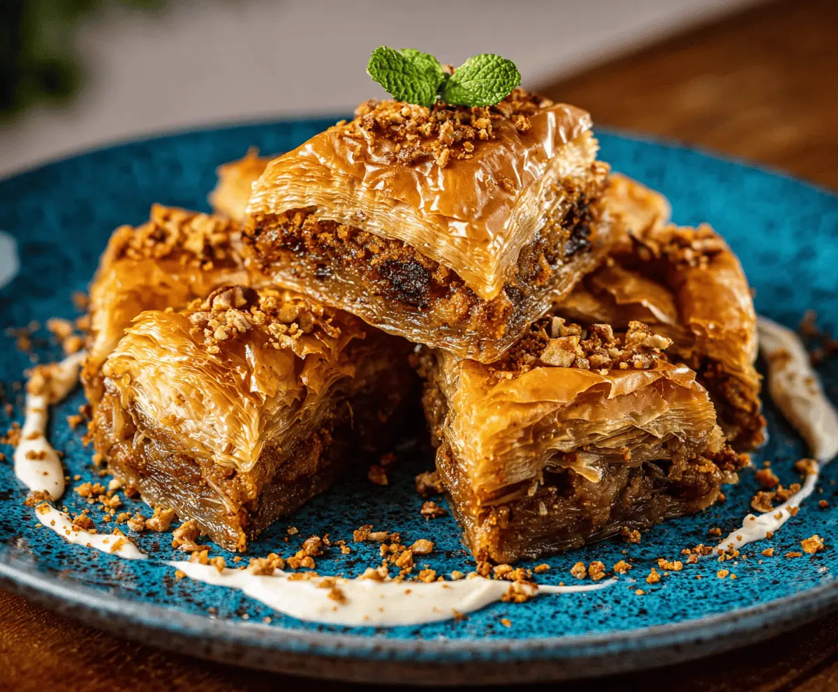 Delicious homemade pumpkin baklava with flaky layers and a sweet nut filling, topped with a drizzle of honey and sprinkled with chopped pistachios.