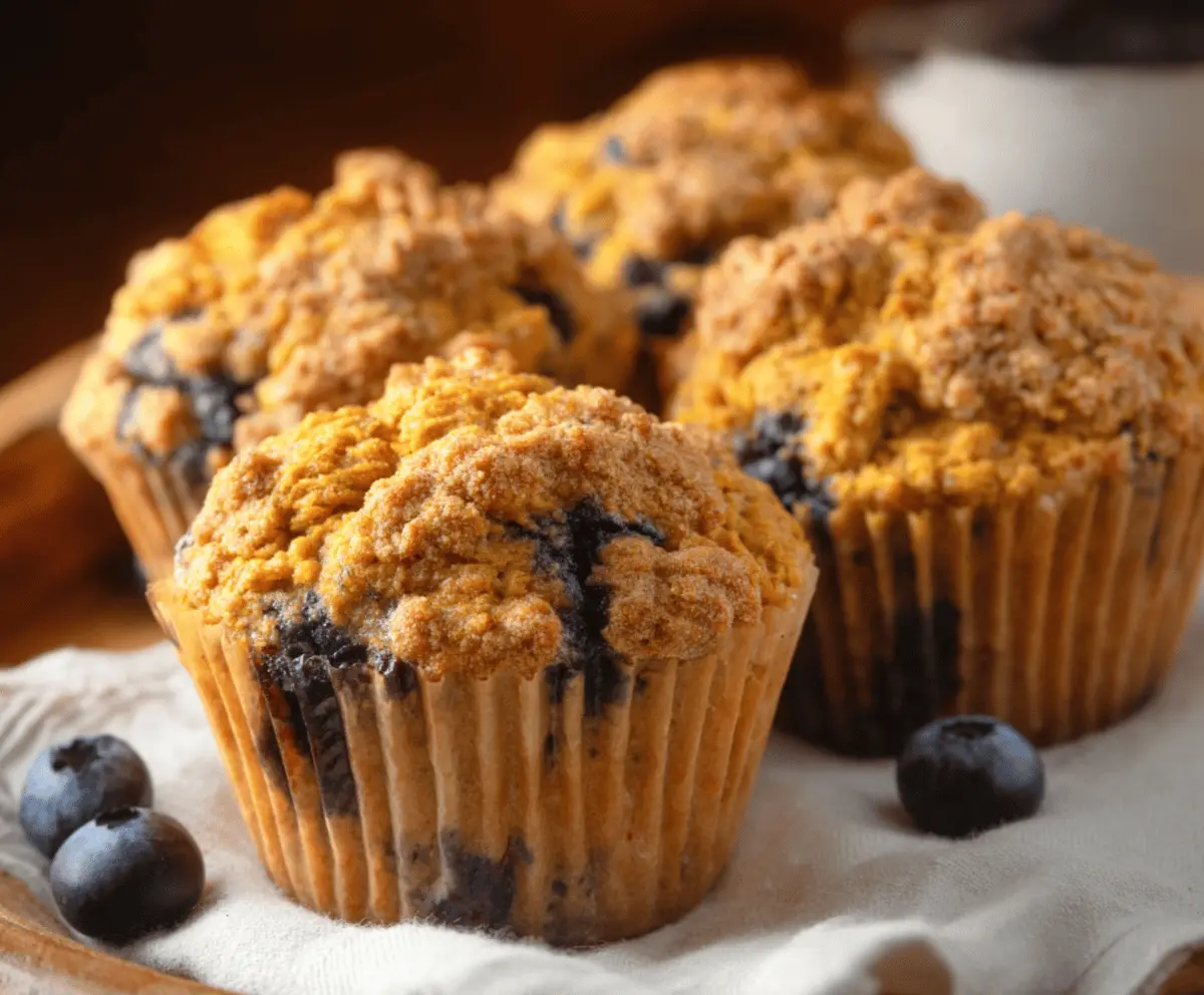 Delicious homemade pumpkin blueberry muffins topped with fresh blueberries and a sprinkle of cinnamon, perfect for breakfast or a snack.