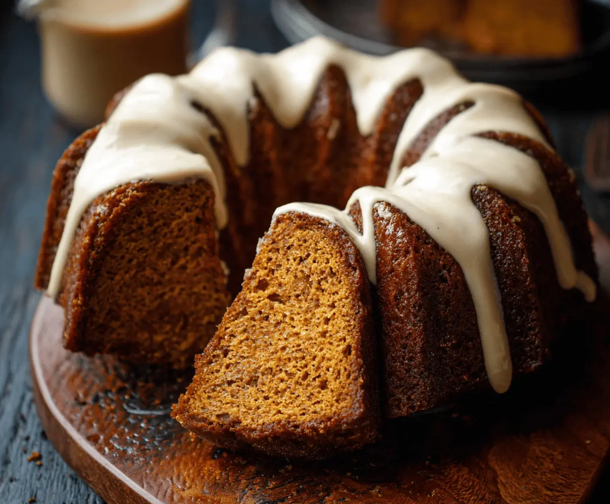 Delicious homemade Pumpkin Bundt Cake topped with cream cheese frosting and garnished with cinnamon and pecans on a rustic wooden table.