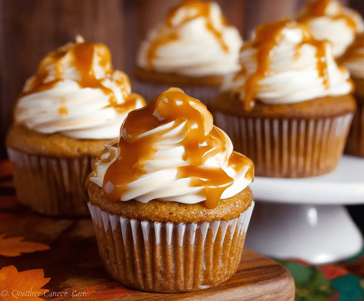 Delicious Pumpkin Caramel Cupcakes topped with creamy frosting and caramel drizzle, perfect for fall desserts.