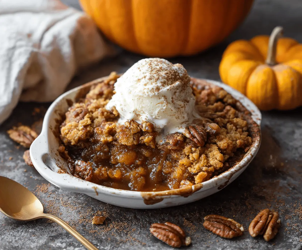 Delicious homemade pumpkin cobbler topped with golden crust and whipped cream, perfect for fall desserts.