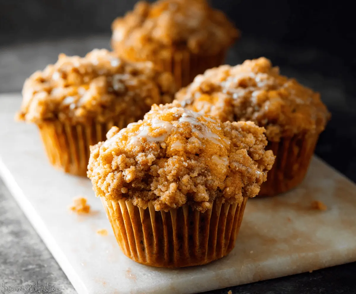 Delicious homemade pumpkin crumble muffins topped with crunchy streusel and a dusting of cinnamon, perfect for fall breakfast or snack.