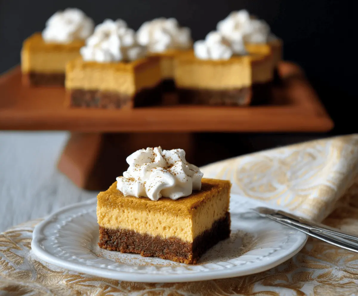 Delicious Pumpkin Gingersnap Cheesecake Bars topped with whipped cream and gingersnap cookies, perfect for fall desserts