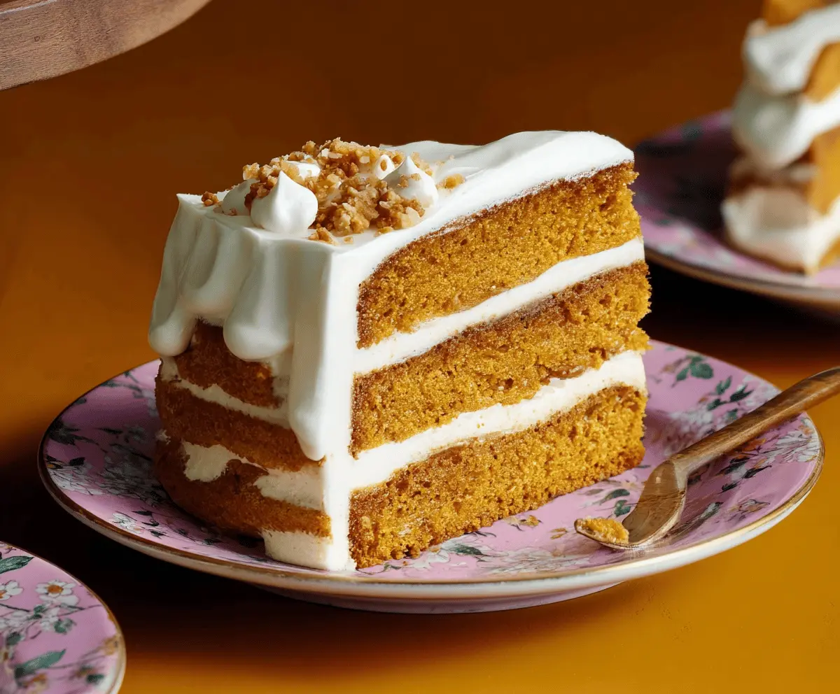 Delicious homemade pumpkin layer cake with cream cheese frosting and festive fall decorations, perfect for autumn celebrations.