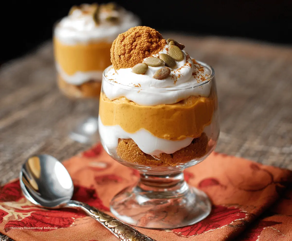 Delicious Pumpkin Mousse Parfait layered with whipped cream and pumpkin puree, garnished with cinnamon and crushed graham crackers for a festive fall dessert.