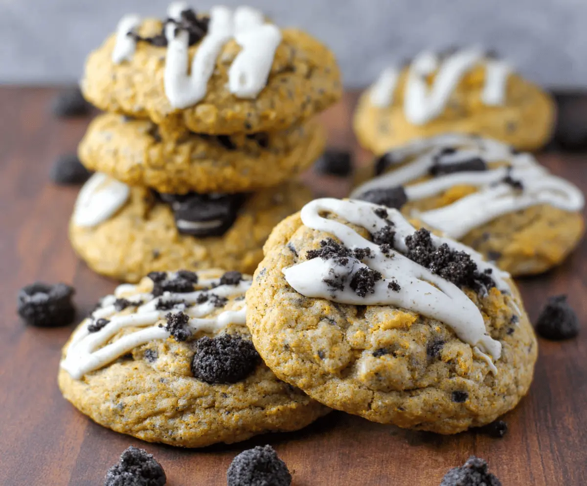 Delicious Pumpkin Oreo White Chocolate Cookies with a festive fall flavor and creamy white chocolate chunks on a baking sheet.