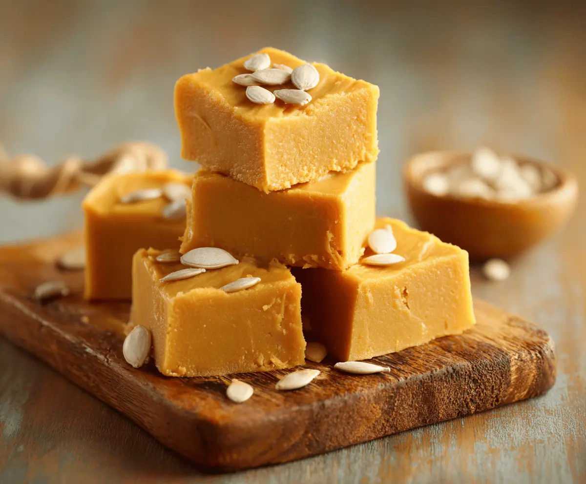 Creamy pumpkin peanut butter fudge topped with chopped nuts and a drizzle of chocolate, perfect for fall desserts.
