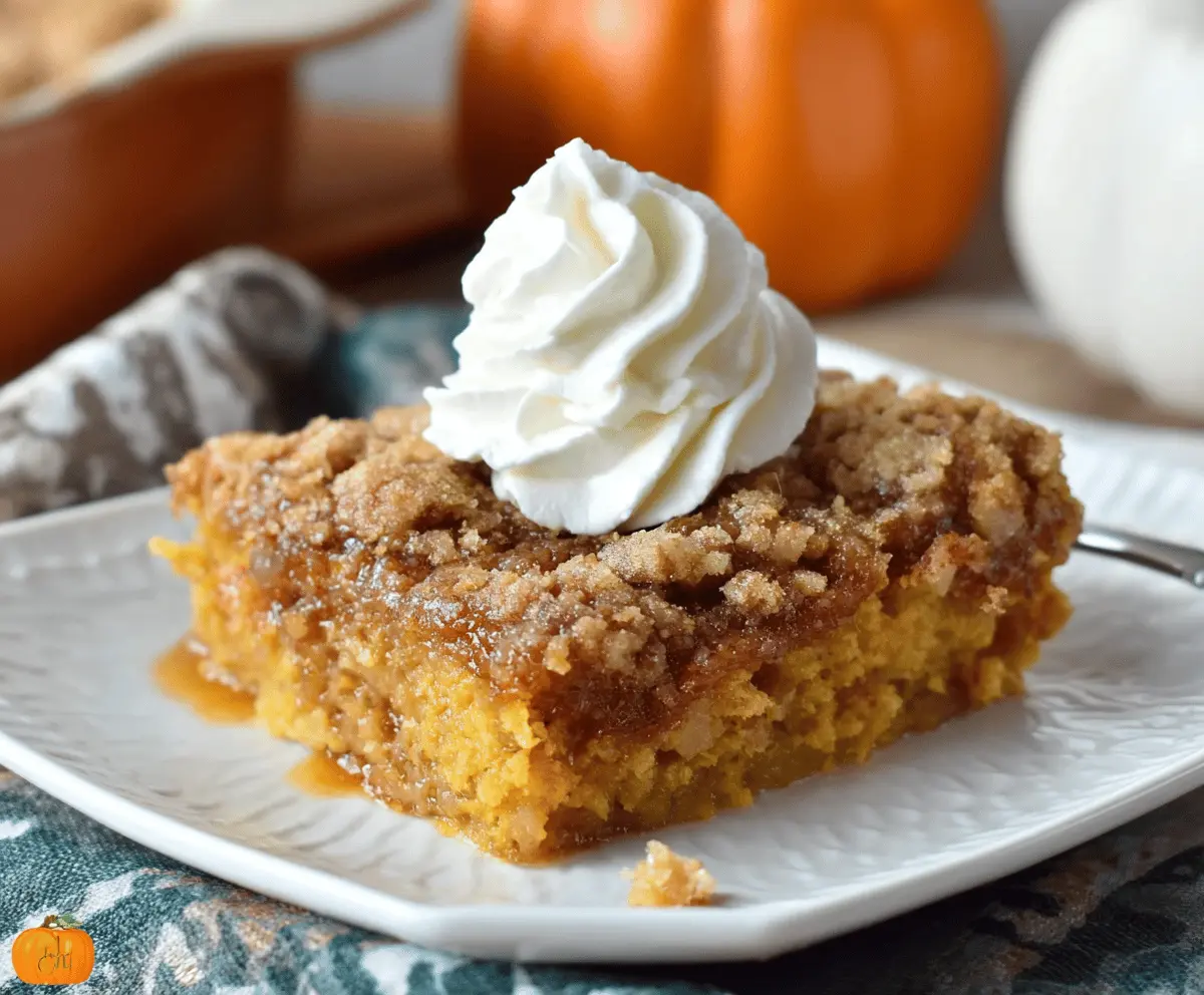 Delicious homemade Pumpkin Pie Dump Cake topped with whipped cream, perfect for fall desserts.