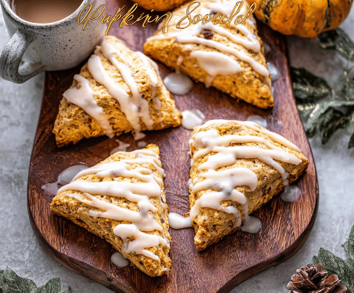 Freshly baked pumpkin scones topped with creamy maple icing on a rustic plate, perfect for fall breakfast or tea time.