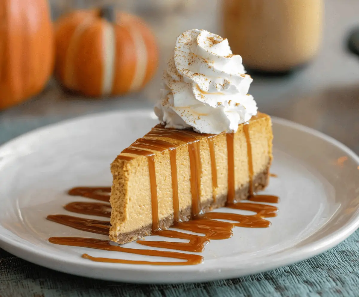 Delicious pumpkin spice cheesecake topped with whipped cream and cinnamon, perfect for fall desserts.