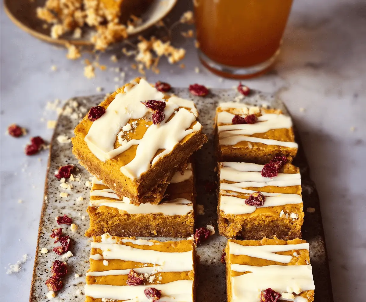 Delicious pumpkin spiced bars topped with white chocolate, perfect for fall desserts and holiday gatherings.