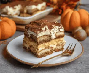 Delicious Pumpkin Tiramisu served in a glass, topped with whipped cream and sprinkled with cocoa powder, perfect for fall dessert cravings