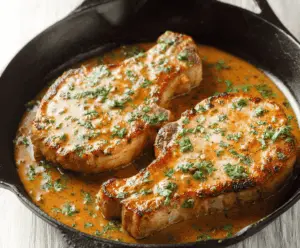 Juicy Ranch Pork Chops served with fresh herbs on a plate, perfect for a flavorful dinner meal.