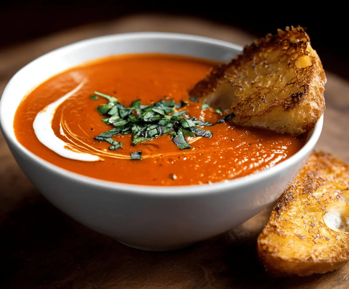 A bowl of vibrant red pepper and tomato soup garnished with fresh herbs, served with crusty bread on a rustic wooden table.