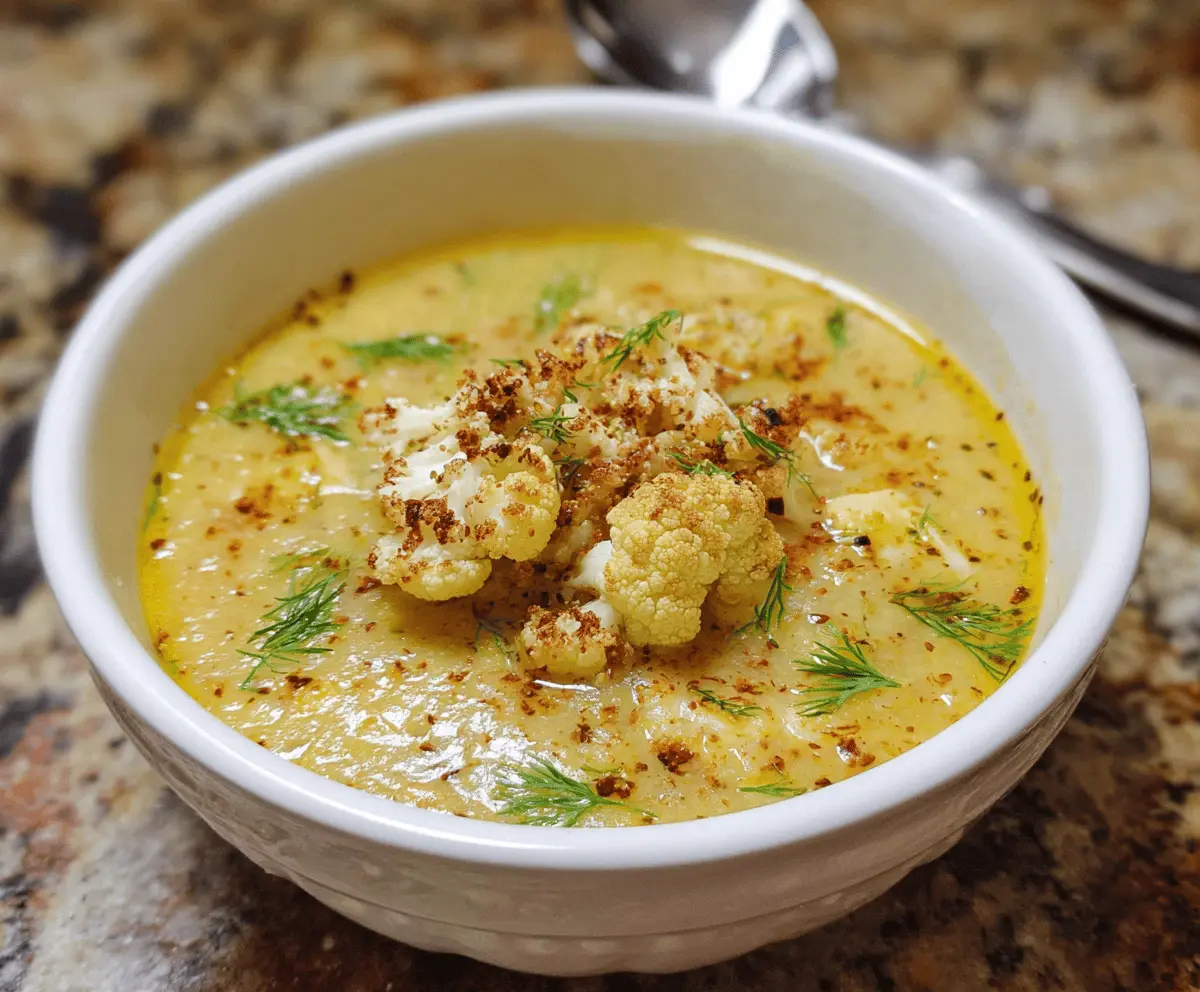 Creamy roasted cauliflower soup garnished with fresh herbs in a white bowl, perfect for a warm and comforting meal.