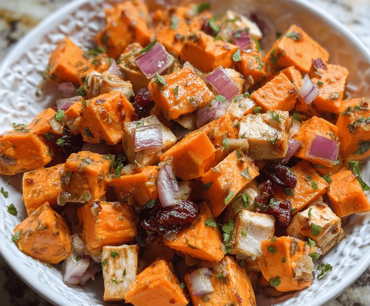 Colorful roasted sweet potato salad with fresh greens, avocado slices, and a tangy vinaigrette drizzle, perfect for a healthy meal.