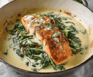 Delicious Salmon Florentine topped with spinach and drizzled with creamy garlic sauce on a white plate