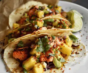 Delicious salmon tacos topped with fresh pineapple avocado salsa on a plate, featuring vibrant colors and garnished with herbs