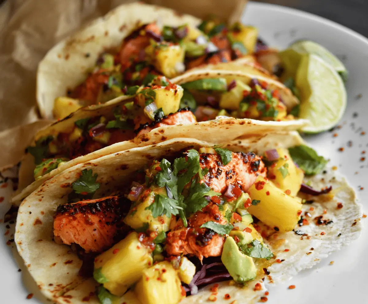 Delicious salmon tacos topped with fresh pineapple avocado salsa on a plate, featuring vibrant colors and garnished with herbs