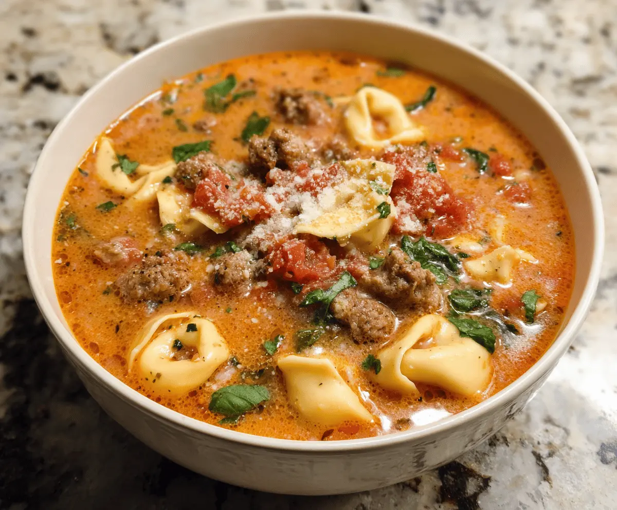 A bowl of hearty sausage tortellini soup with sausage slices, tortellini pasta, spinach, and tomato broth garnished with fresh herbs.