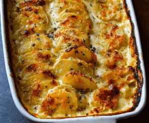 Delicious scalloped potatoes baked to golden perfection, sliced for serving.