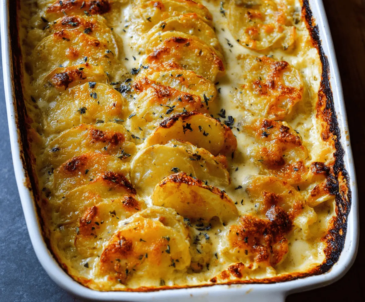 Delicious scalloped potatoes baked to golden perfection, sliced for serving.