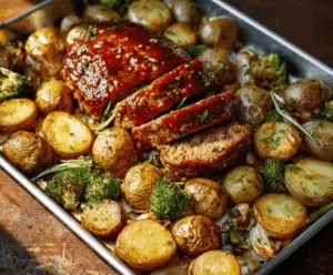 Delicious sheet pan meatloaf with roasted potatoes and vegetables served on a baking sheet
