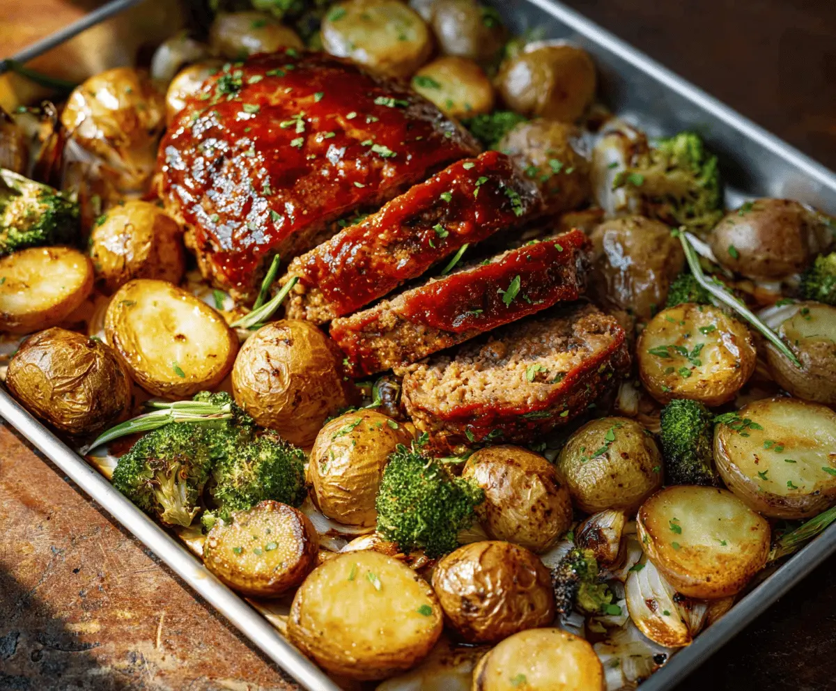 Delicious sheet pan meatloaf with roasted potatoes and vegetables served on a baking sheet