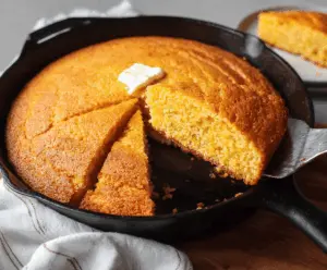 Golden, crispy skillet cornbread served in a cast iron skillet, perfect for a hearty homemade side dish.