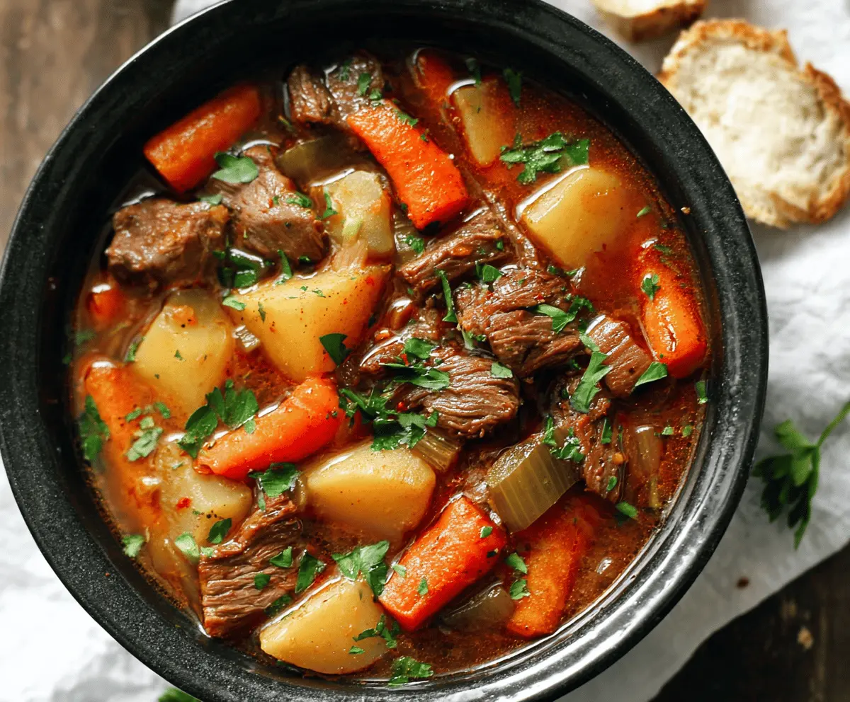Hearty slow cooker beef stew with tender beef chunks, carrots, potatoes, and vegetables in a rich broth