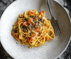 Creamy smoked salmon carbonara pasta topped with fresh herbs and grated cheese, served on a white plate