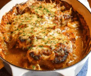 Delicious smothered pork chop casserole topped with melted cheese and savory gravy, served with mashed potatoes and fresh vegetables.