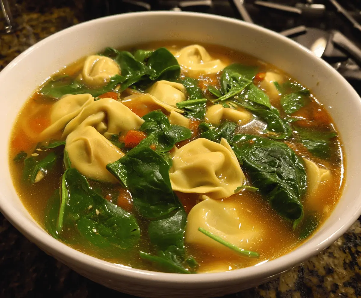 A bowl of hearty spinach tortellini soup topped with fresh herbs and grated cheese, served in a rustic bowl with a spoon, showcasing vibrant green spinach and tender tortellini in a flavorful broth.