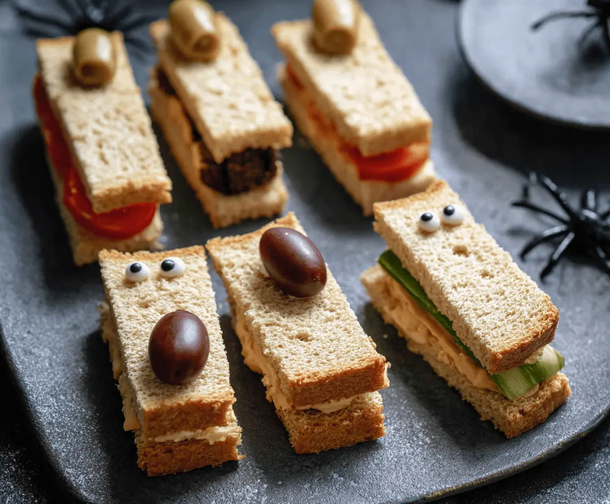 Decorative spooky finger sandwiches with creepy Halloween-themed designs on bread, perfect for a Halloween party appetizer.