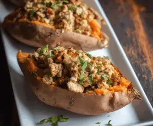 Delicious stuffed sweet potatoes topped with seasoned turkey, garnished with herbs and colorful vegetables, served on a white plate.