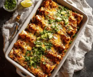 Delicious sweet potato and black bean enchiladas topped with melted cheese and fresh cilantro, served on a plate with a side of salsa.