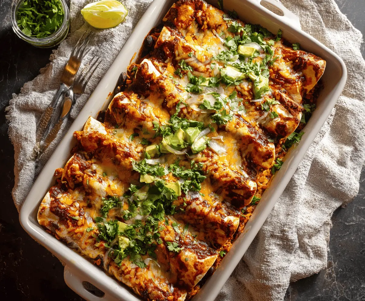 Delicious sweet potato and black bean enchiladas topped with melted cheese and fresh cilantro, served on a plate with a side of salsa.