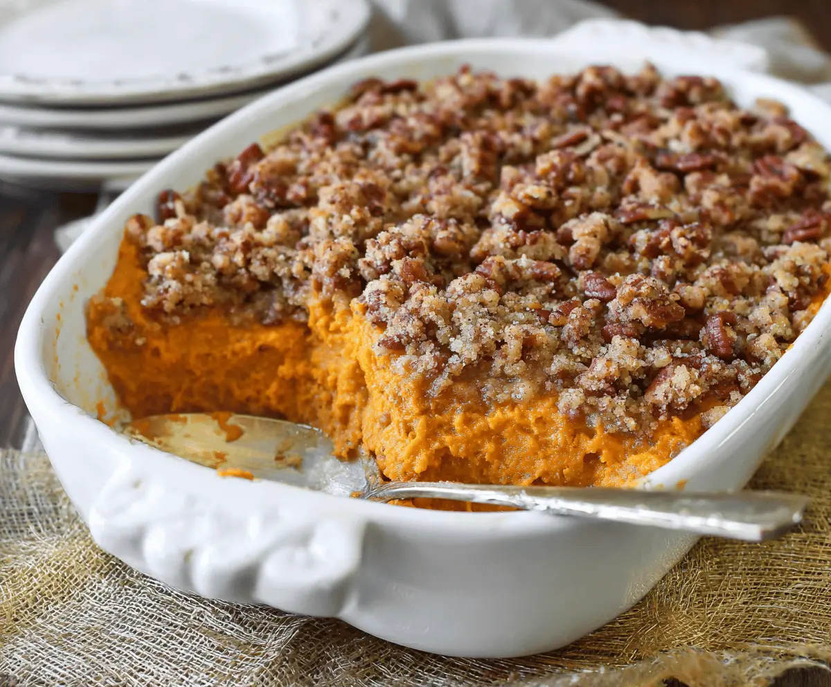 Baked sweet potato casserole topped with crunchy pecan streusel and marshmallows.