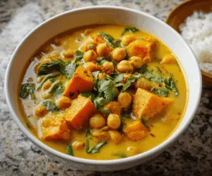 Creamy sweet potato chickpea curry soup garnished with fresh herbs in a bowl, featuring vibrant orange and golden hues with chickpeas and spices.