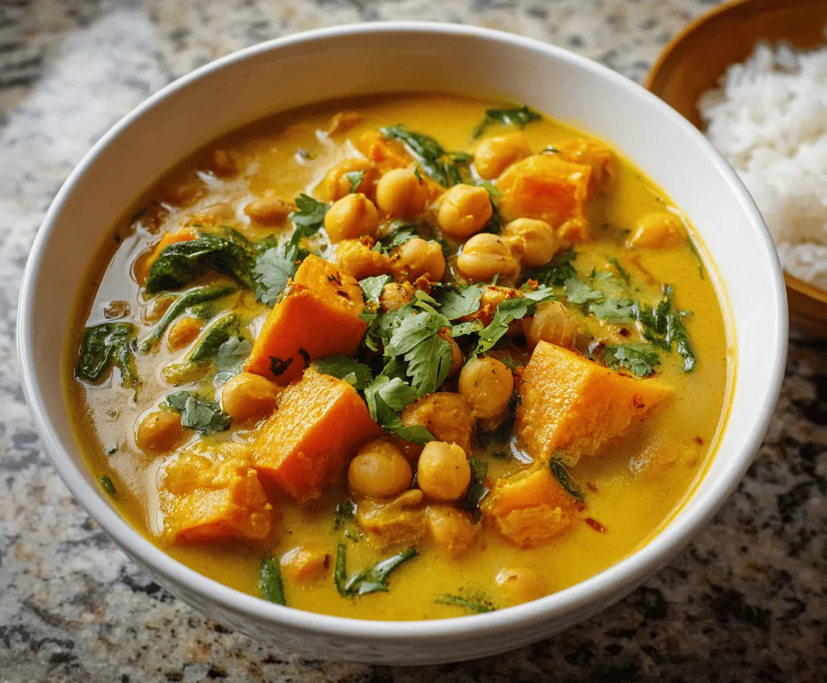 Creamy sweet potato chickpea curry soup garnished with fresh herbs in a bowl, featuring vibrant orange and golden hues with chickpeas and spices.