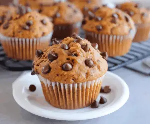Delicious homemade sweet potato chocolate chip muffins on a plate