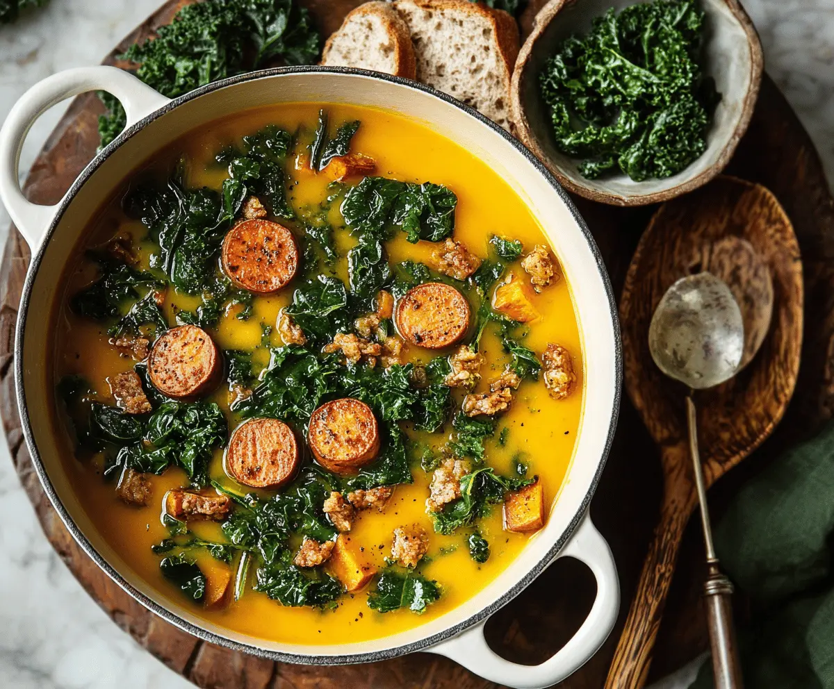 A steaming bowl of healthy sweet potato and kale soup garnished with fresh herbs, showcasing vibrant orange and green colors.