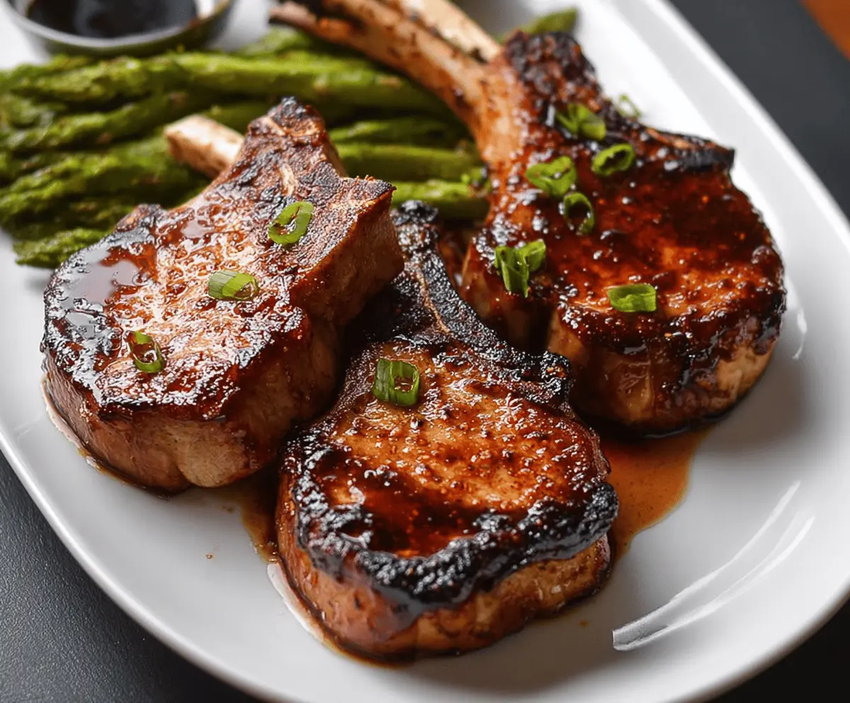 Juicy teriyaki pork chops glazed with shiny, flavorful sauce served with steamed vegetables on a white plate