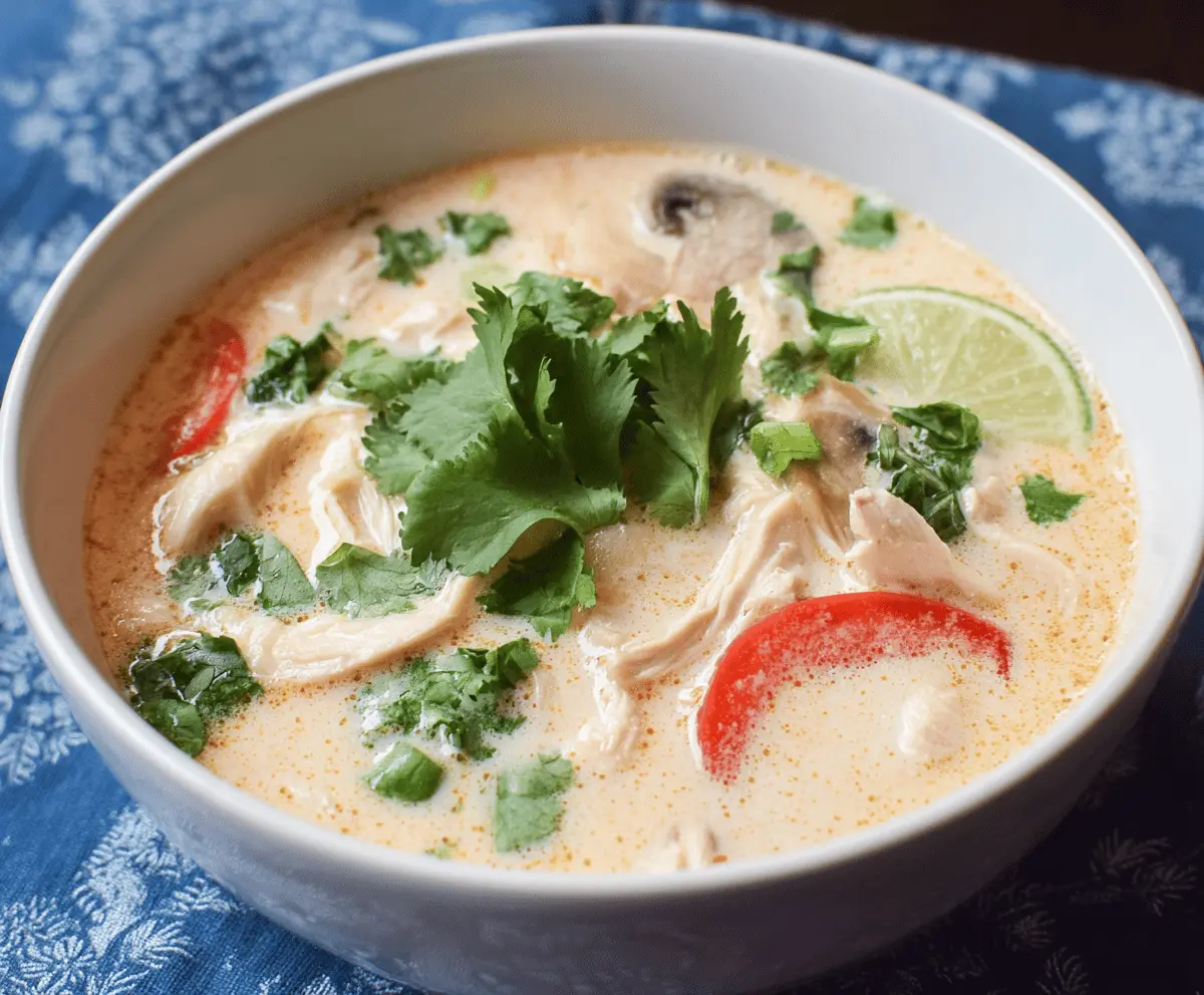 Creamy Thai Coconut Chicken Soup (Tom Kha Gai) with tender chicken, fresh herbs, and aromatic coconut milk in a flavorful bowl