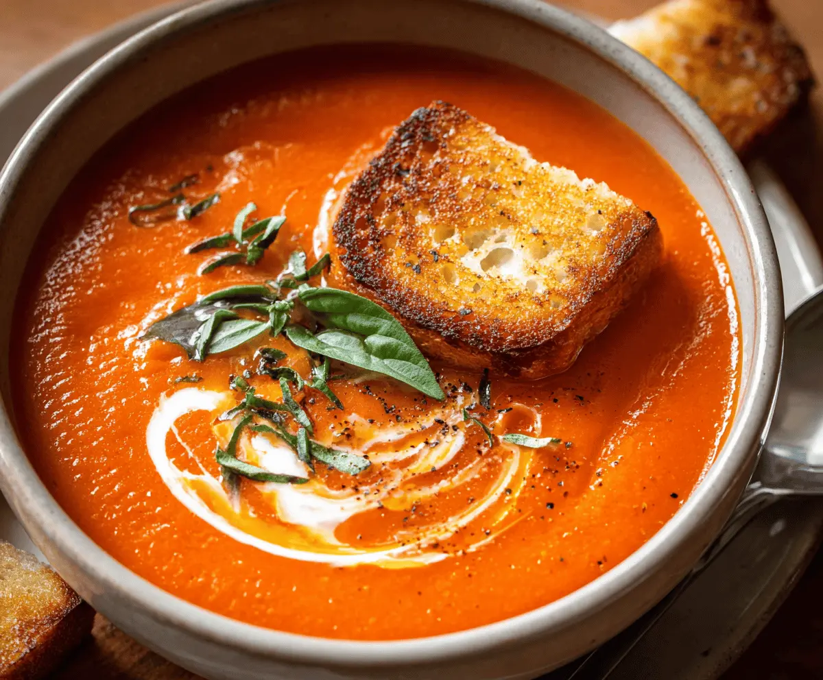 A steaming bowl of homemade tomato soup garnished with fresh basil leaves, served with bread on a rustic wooden table.
