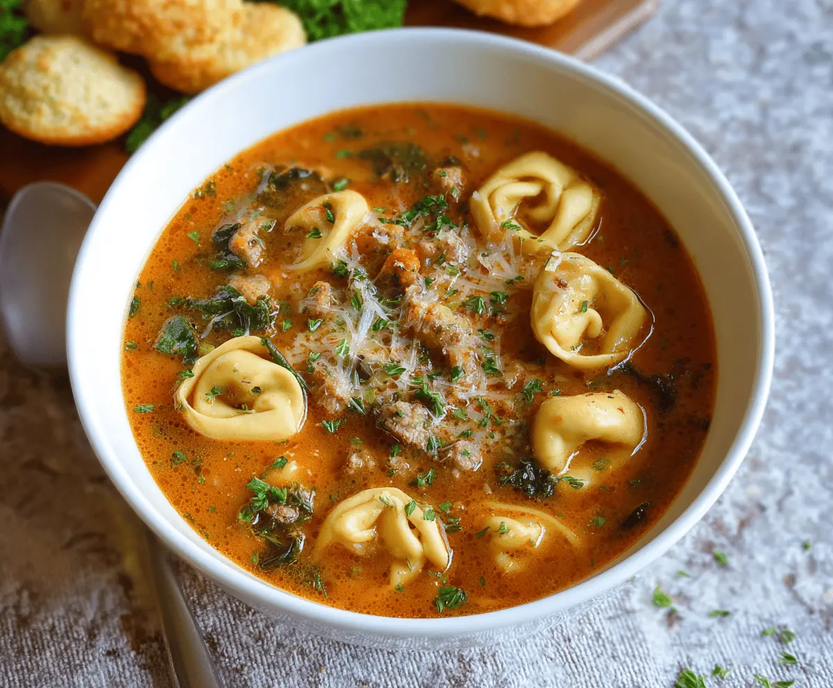 A bowl of hearty tortellini soup with vegetables and herbs, served hot with steam rising, ideal for a comforting meal.