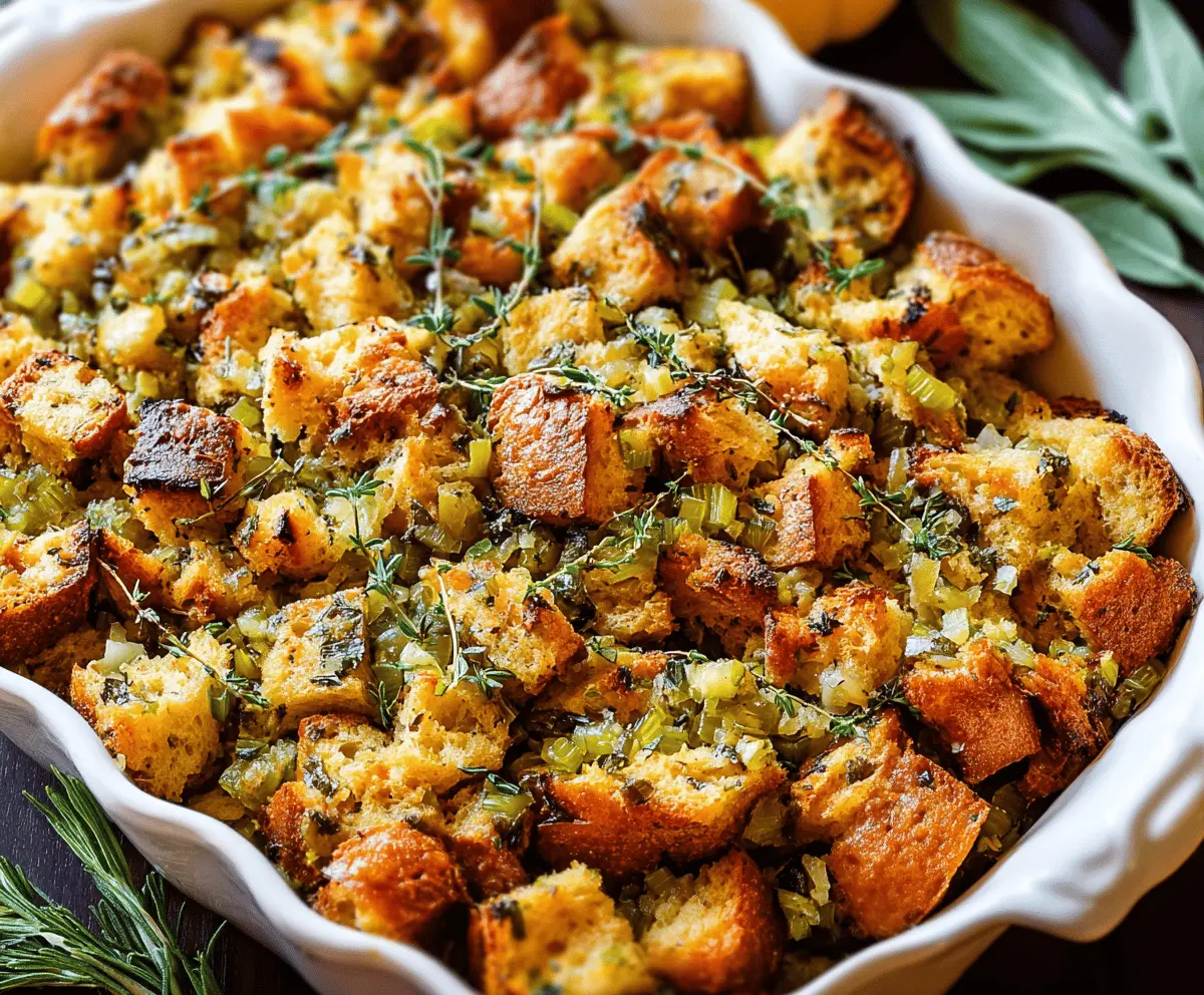 Delicious traditional Thanksgiving stuffing with bread, herbs, and spices in a rustic dish.